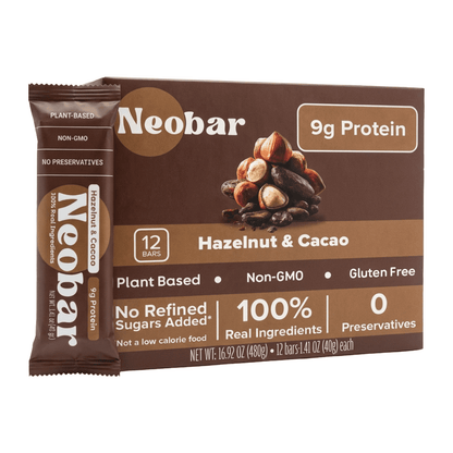 A box of Neobar Hazelnut & Cacao protein bars with one individual bar displayed on the left, set against a plain white background.