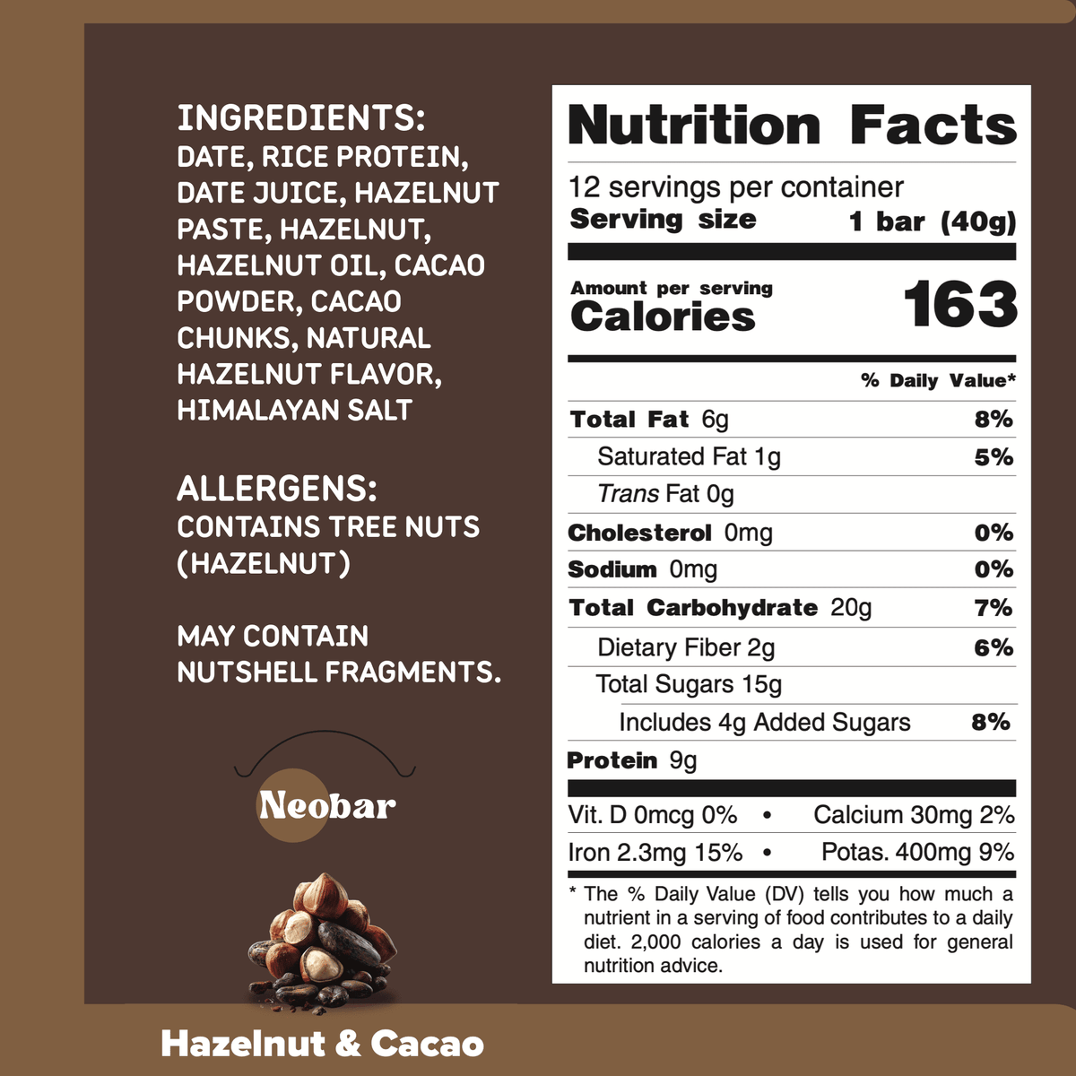 Nutrition label and ingredients list for a hazelnut and cacao bar by Neobar on a brown background.