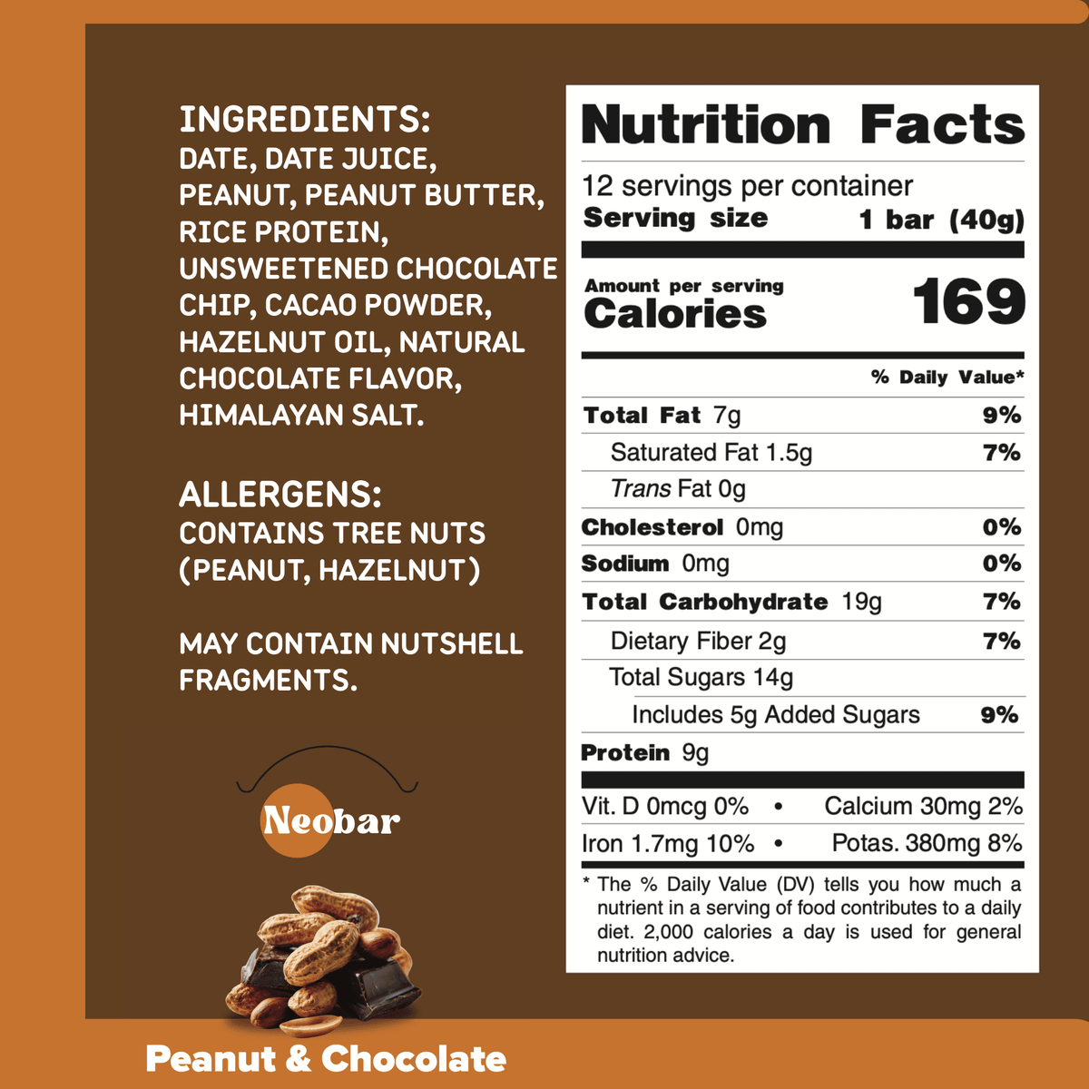 Nutrition label and ingredients list for a peanut and chocolate bar by Neobar on a brown background.