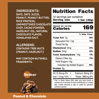 Nutrition label and ingredients list for a peanut and chocolate bar by Neobar on a brown background.