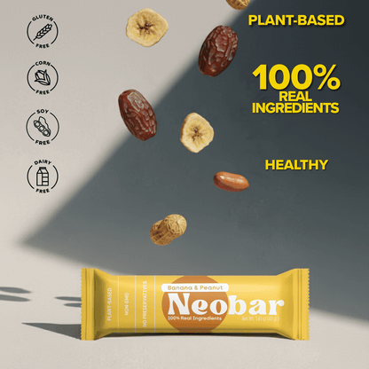 Neobar banana and peanut bar with ingredients on a gray background