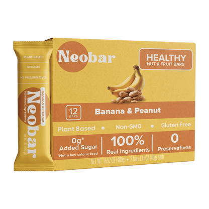A box of Neobar Healthy Nut & Fruit Bars in Banana & Peanut flavor, shown with one individual wrapped bar in front on a plain white background.