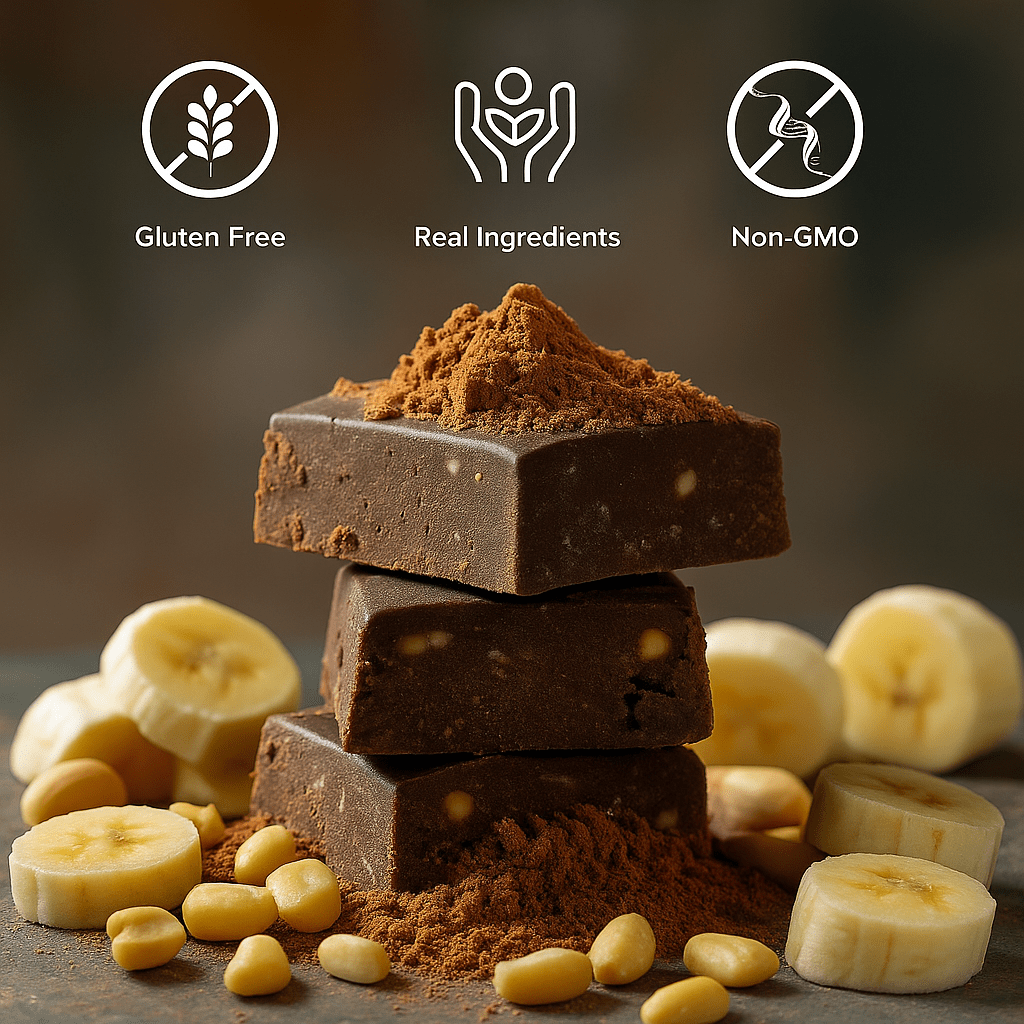 Three stacked chocolate protein bars with banana slices, cocoa powder, and peanut butter pieces around them, with icons above reading Gluten Free, Real Ingredients, and Non-GMO.