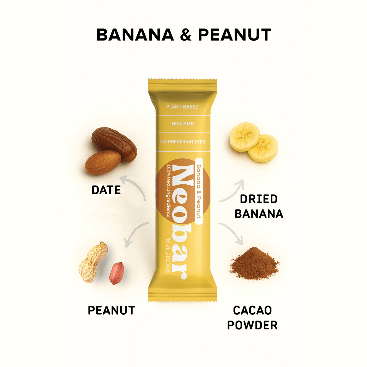 Neobar banana and peanut bar with ingredients displayed around it on a white background