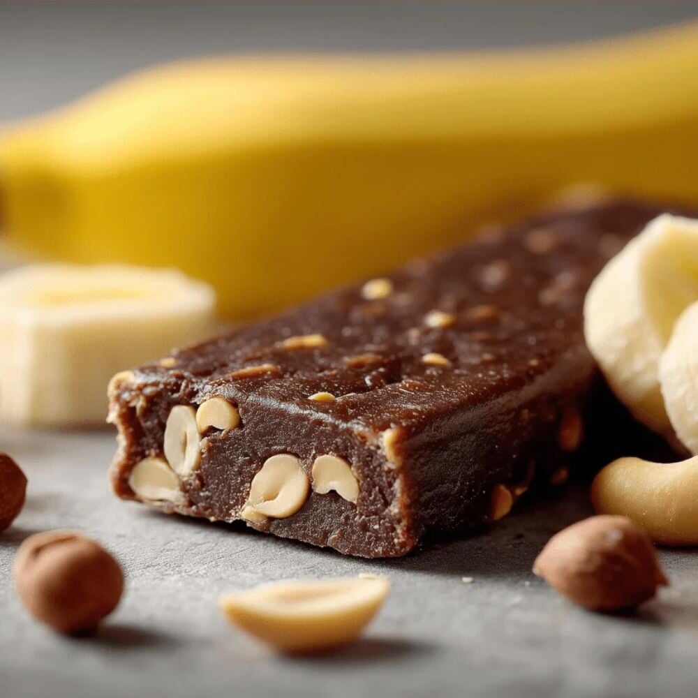 A close-up of a chocolate banana energy bar with visible banana pieces and nuts, photographed on a dark surface with a blurred banana in the background.