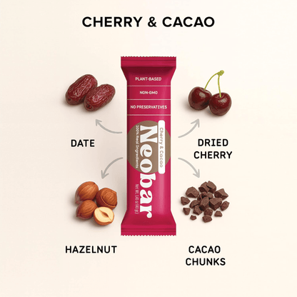 A single Neobar plant-based chocolate bar in cherry and cacao flavor is centered on a light cream background, surrounded by ingredient callouts: two dates, two dried cherries, three hazelnuts, and cacao chunks, with arrows pointing toward the bar. The text 'CHERRY & CACAO' appears at the top.