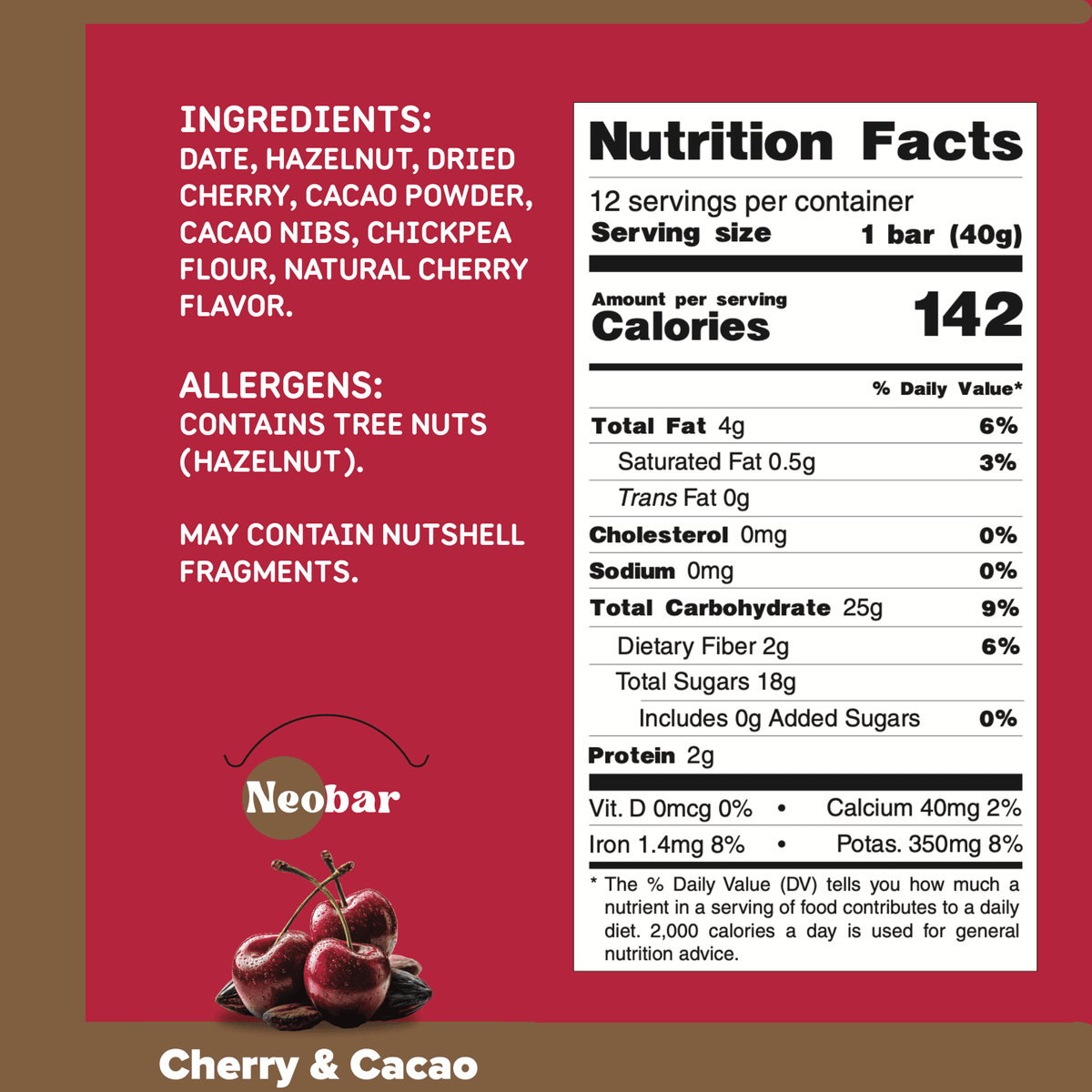 Front of a Neobar Cherry & Cacao snack package showing a nutrition facts panel, ingredient list, allergens, and a product photo of red cherries with cacao powder.