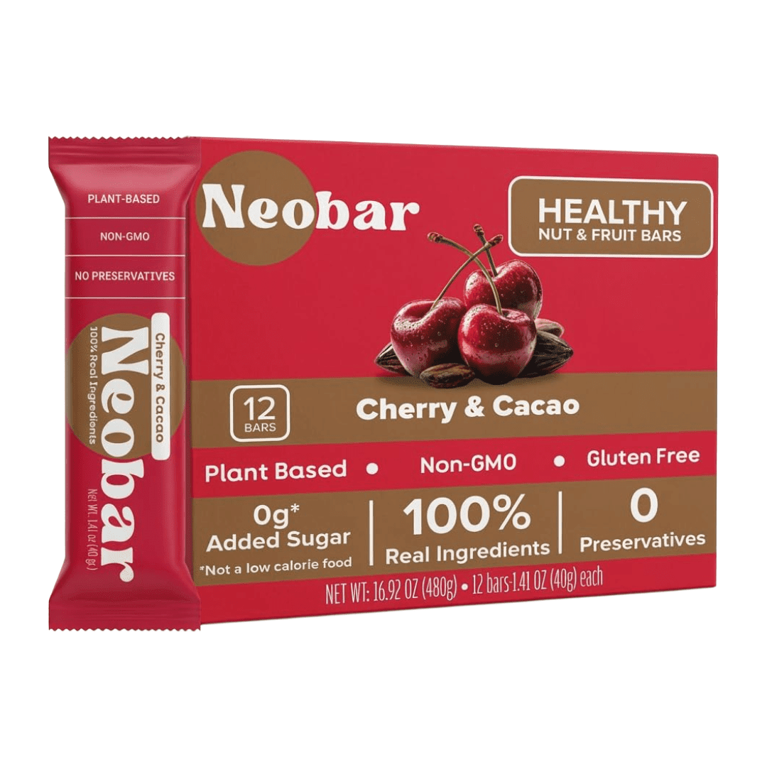A box of Neobar Healthy Nut & Fruit Bars in Cherry & Cacao flavor, shown with one individual wrapped bar in front on a clean white background.