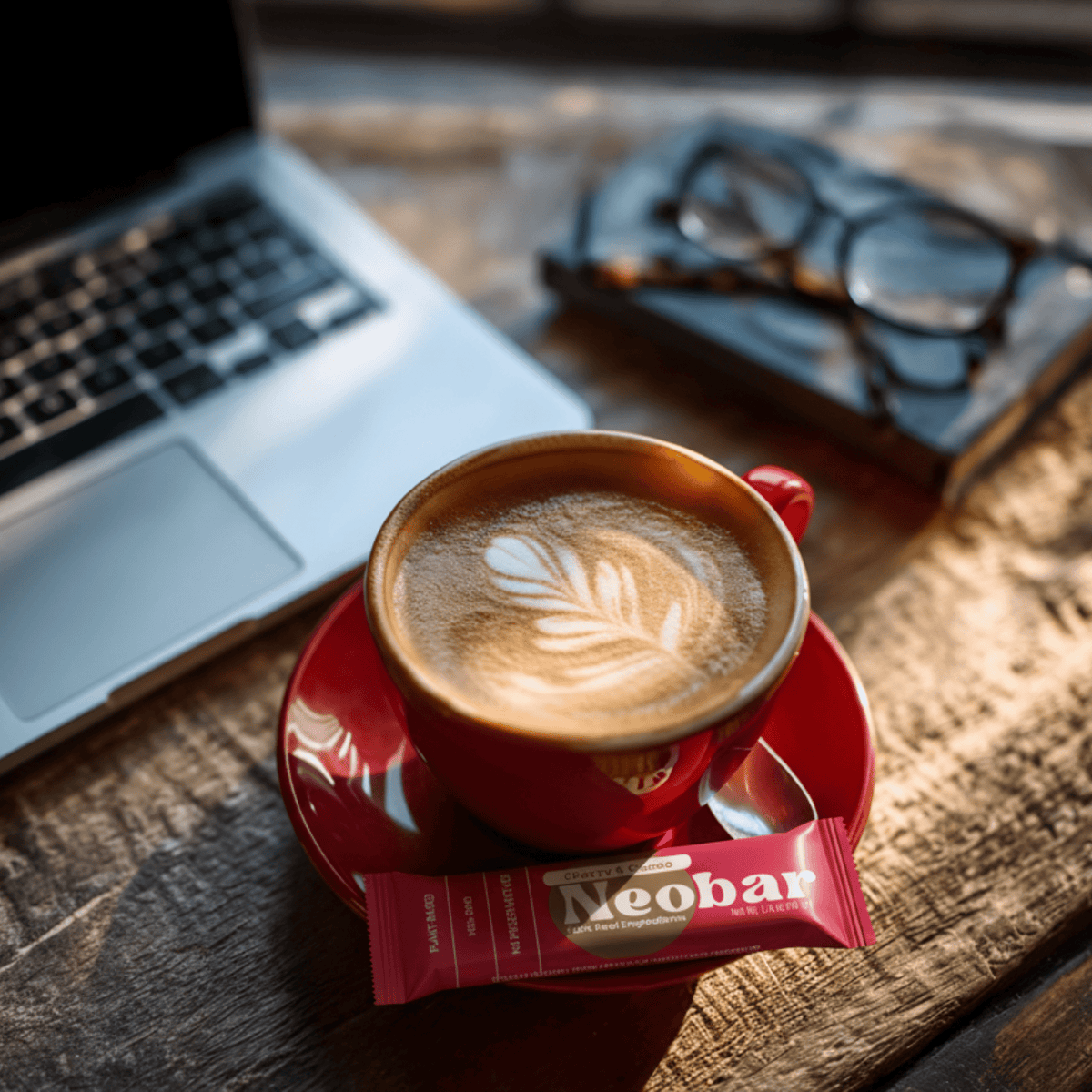 A red ceramic cup of latte art coffee on a matching saucer, with a pink Neobar candy stick packet resting on the saucer. The scene is set on a rustic wooden table with a blurred laptop and glasses in the background.