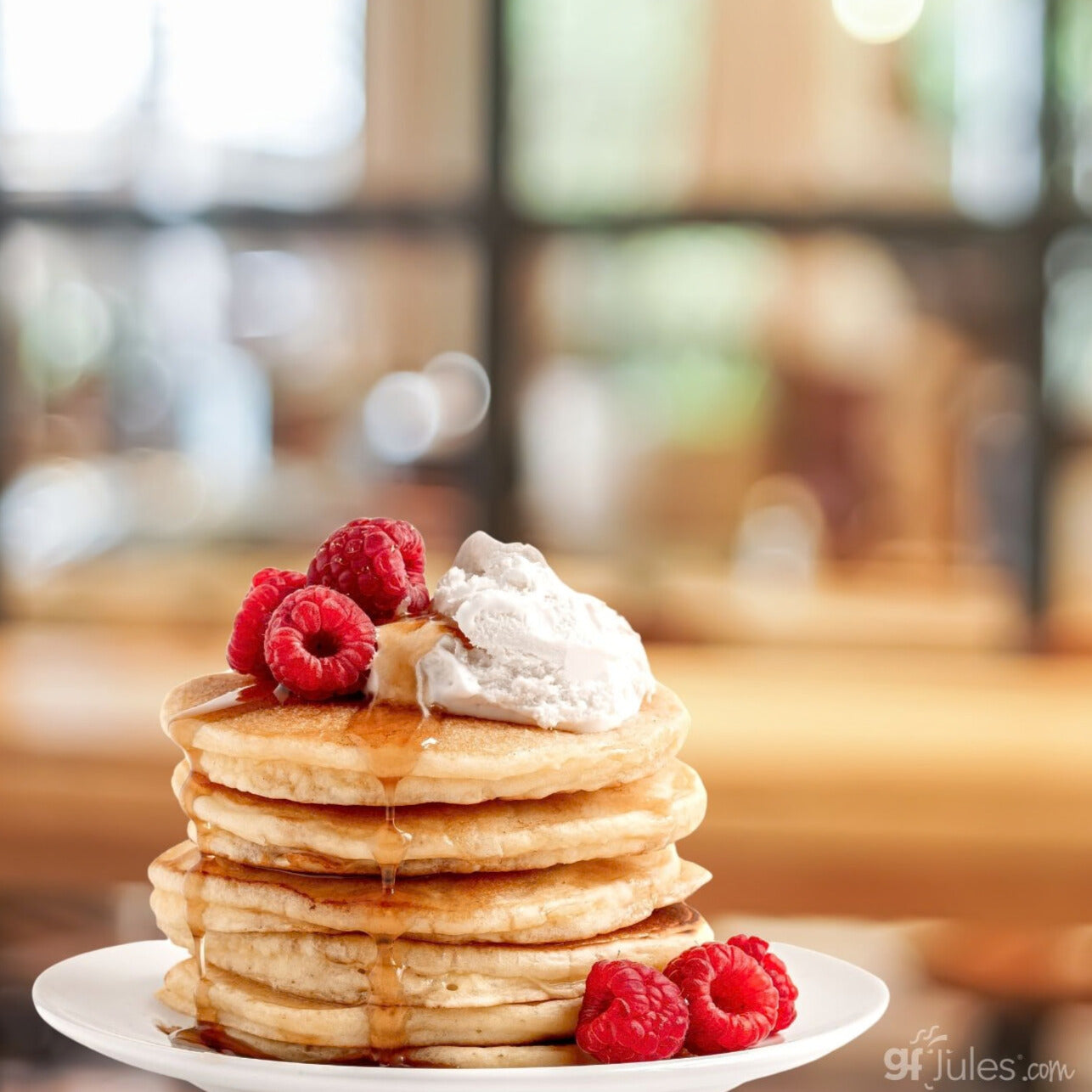 gfJules gluten free pancake and waffle mix in a bag, ready for making fluffy breakfast treats