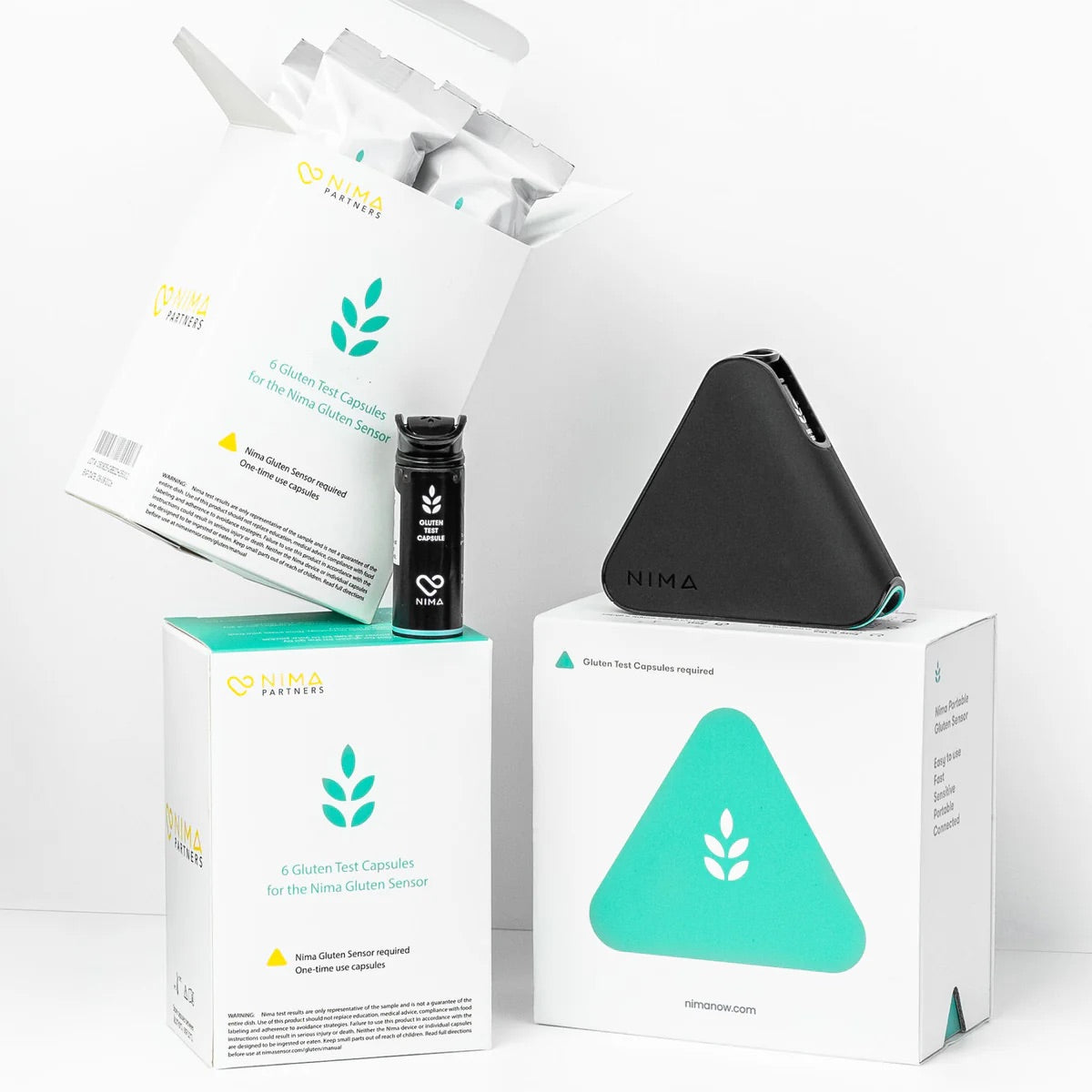 Nima Starter Pack with Nima sensor for gluten and allergen testing, featuring compact device and testing accessories.