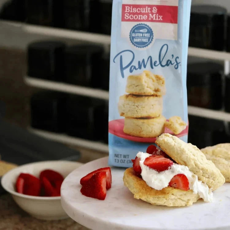 Pamela's Products dairy-free baking bundle with biscuit and scone mix in a resealable bag, ready for baking treats.