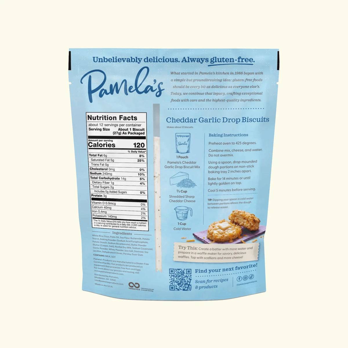 Pamela's Products gluten-free cheddar garlic drop biscuit mix bundle, showing colorful boxes of baking mix on a wooden surface.