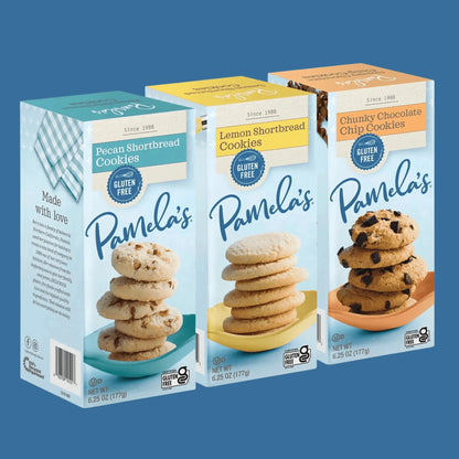 Assorted Pamela's Cookies Variety Bundle featuring different types of gluten-free cookies arranged in a colorful box.