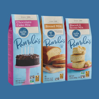 Pamela's Dairy-Free Baking Favorites Bundle includes gluten-free baking mixes and ingredients in a colorful package.