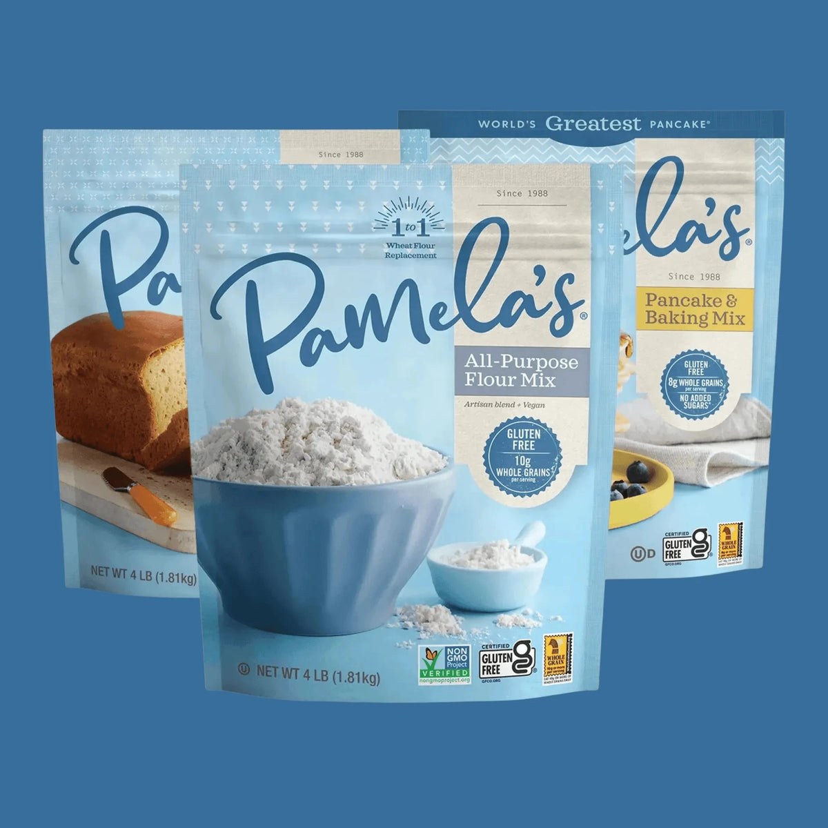 Pamela's Everyday Baking Essentials Bundle featuring gluten-free baking mixes and ingredients in a colorful package.