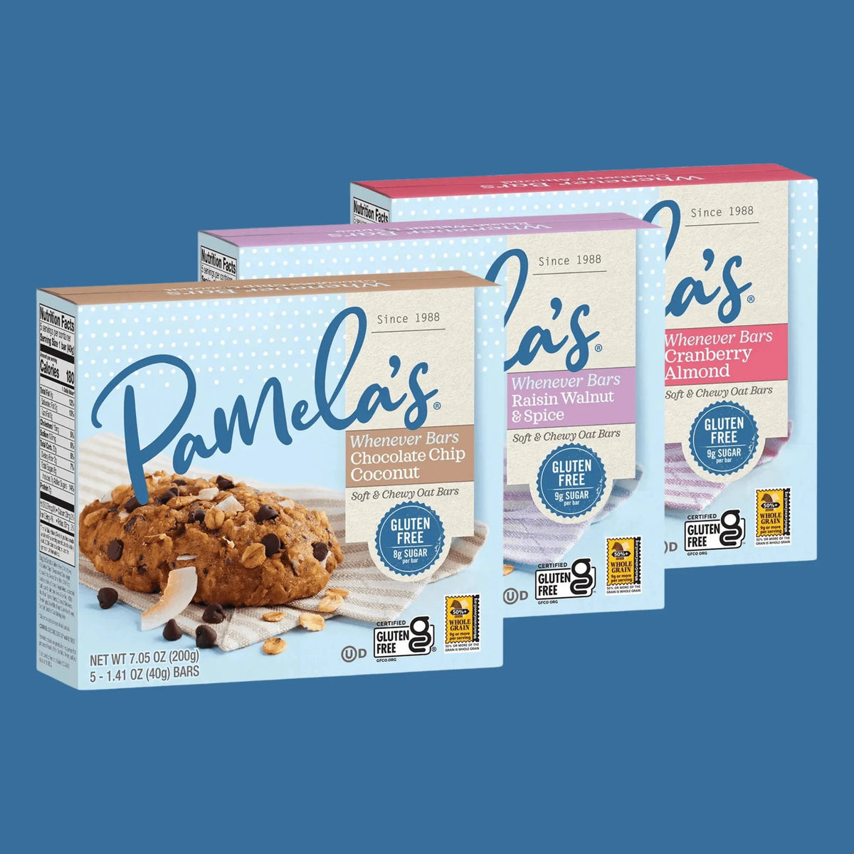 Pamela's Products Whenever Bars Variety Bundle featuring assorted gluten-free snack bars on a white background.