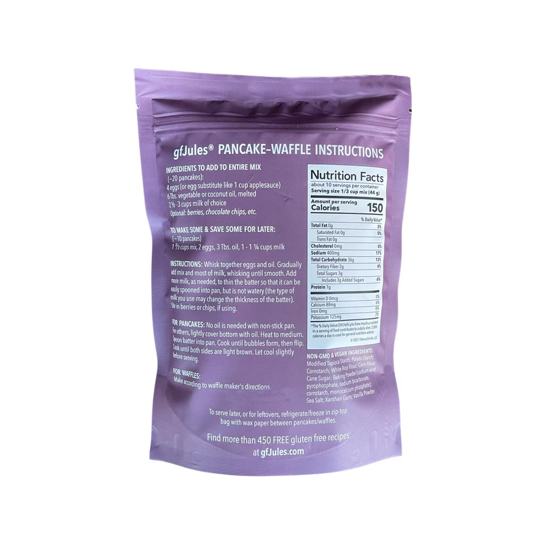 gfJules gluten-free pancake and waffle mix in a bag with the product label and ingredients visible.