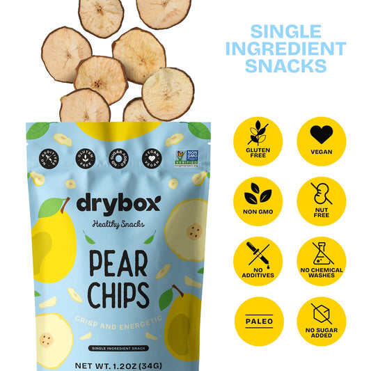 Drybox Pear Chips 3-pack with resealable packaging, showcasing crispy pear chips in a transparent bag.