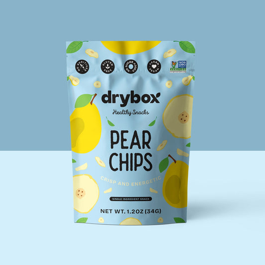 Drybox Pear Chips 3-pack in resealable bags, featuring crispy, dried pear slices in a convenient snack package.