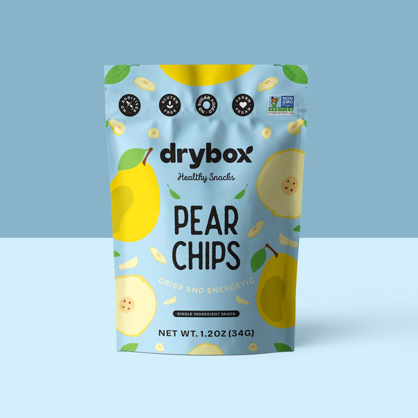 Drybox Pear Chips 3-pack in resealable bags, featuring crispy, dried pear slices in a convenient snack package.