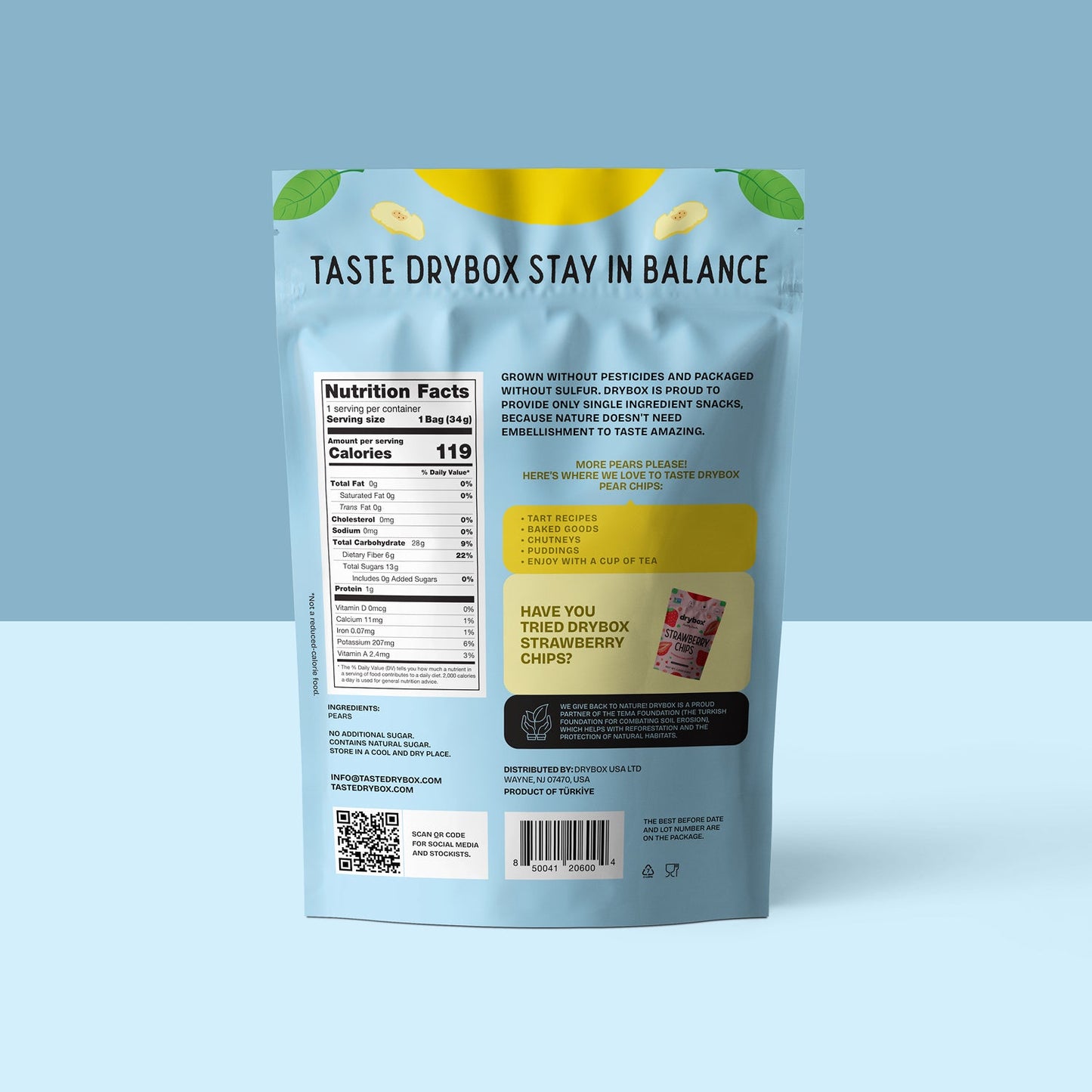 Drybox Pear Chips 3-pack resealable bag, crunchy dried pear slices in colorful packaging, ideal for snacks or healthy treats.