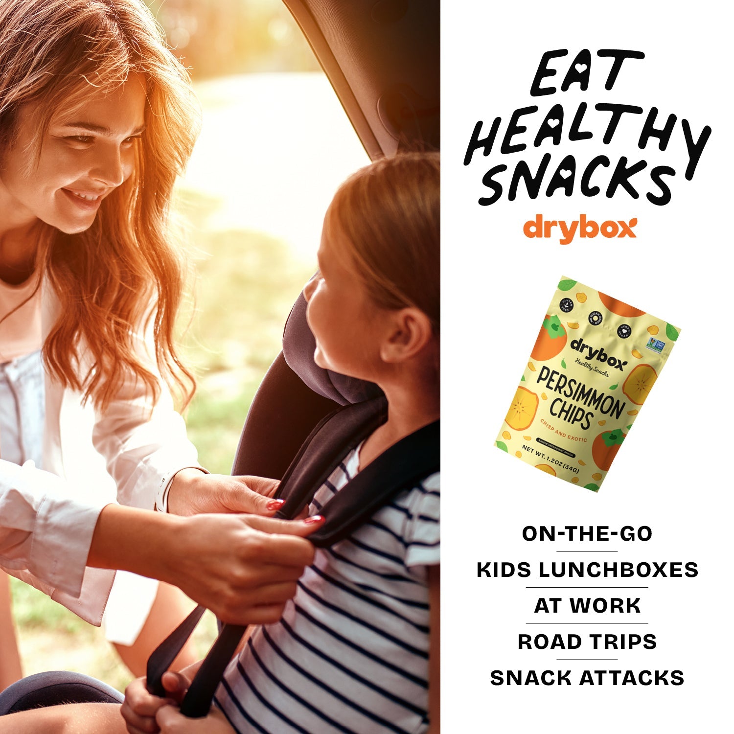 Drybox persimmon chips in a resealable 3-pack, featuring dried, sliced persimmons in colorful packaging.