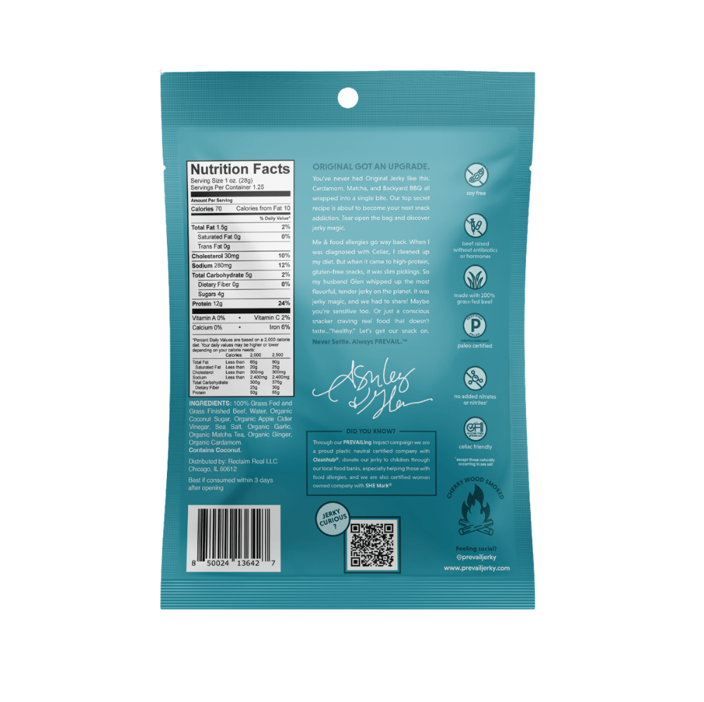 PREVAIL Jerky Original Beef Jerky single-serve pack, 8 pieces, savory and tender beef snack in resealable packaging.