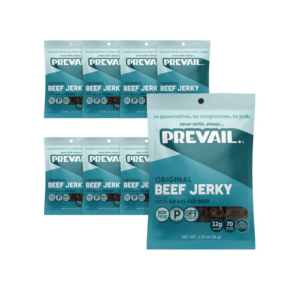 PREVAIL Jerky Original Beef Jerky single-serve 8-pack, ready-to-eat snack with sliced beef jerky in convenient packaging.