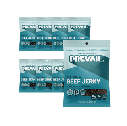 PREVAIL Jerky Original Beef Jerky single-serve 8-pack, ready-to-eat snack with sliced beef jerky in convenient packaging.