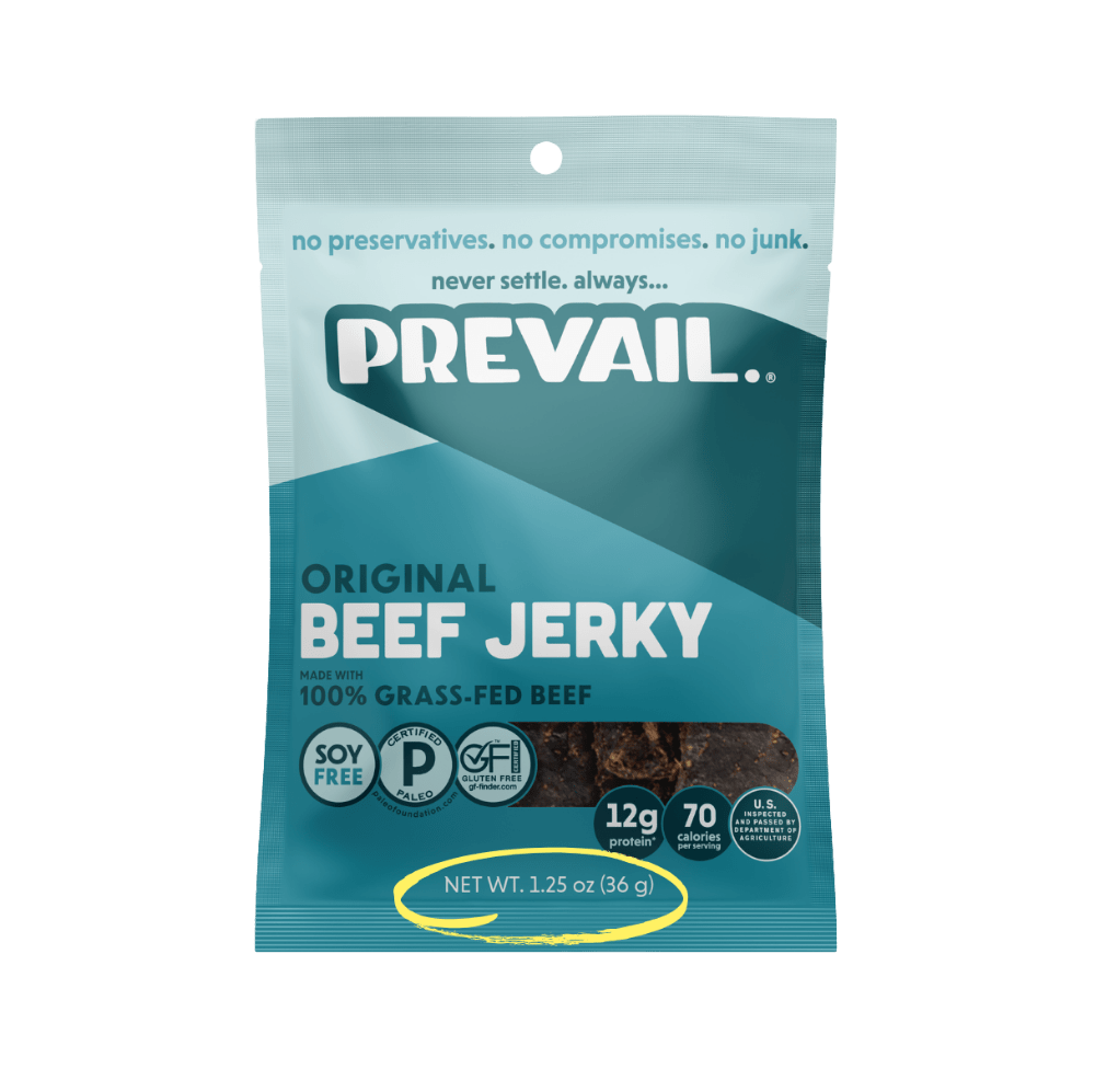 PREVAIL Jerky Original Beef Jerky single serve 8-pack, flavorful dried meat snack in individual packs.