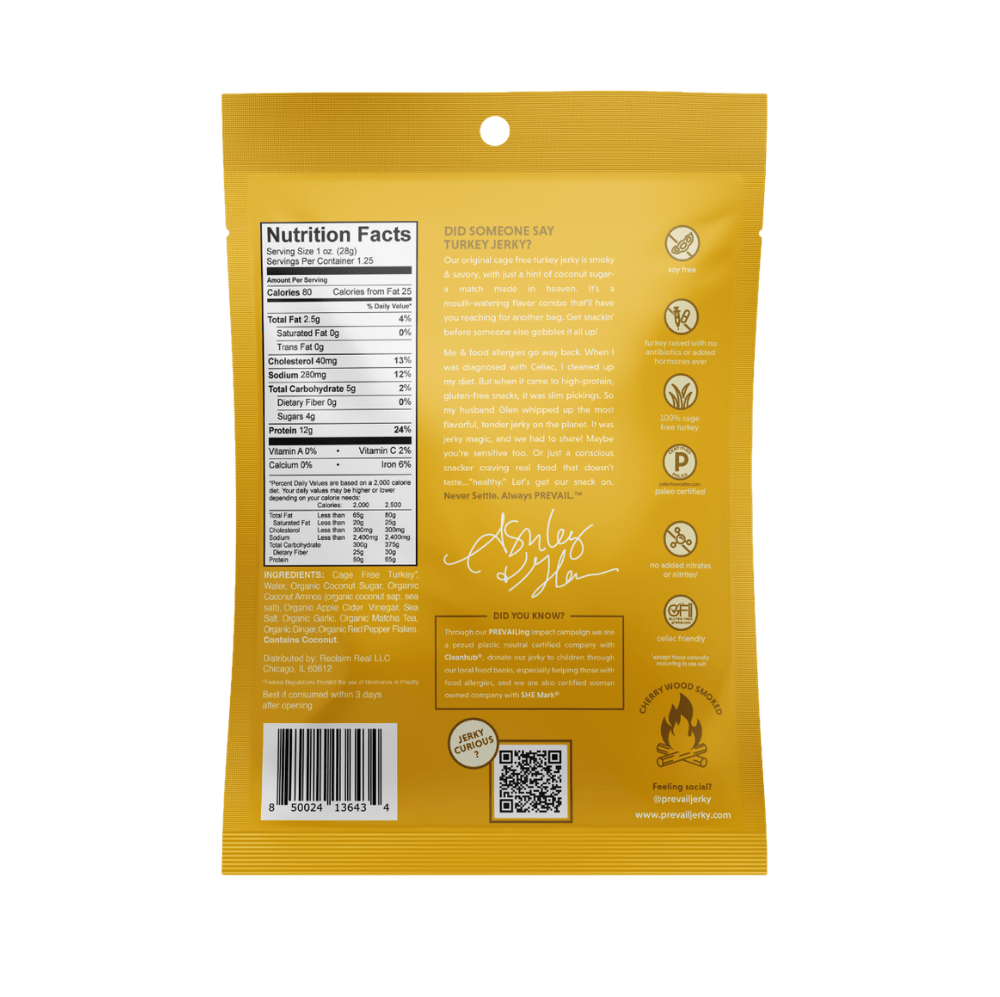 Eight single-serve packs of PREVAIL Jerky Original Turkey Jerky, showing resealable packaging with turkey jerky slices inside.