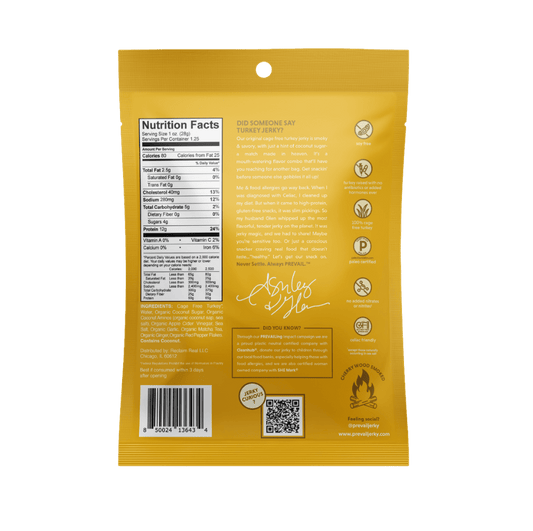 PREVAIL Jerky Original Turkey Jerky single serve pack with two pieces of savory turkey jerky on a white background.