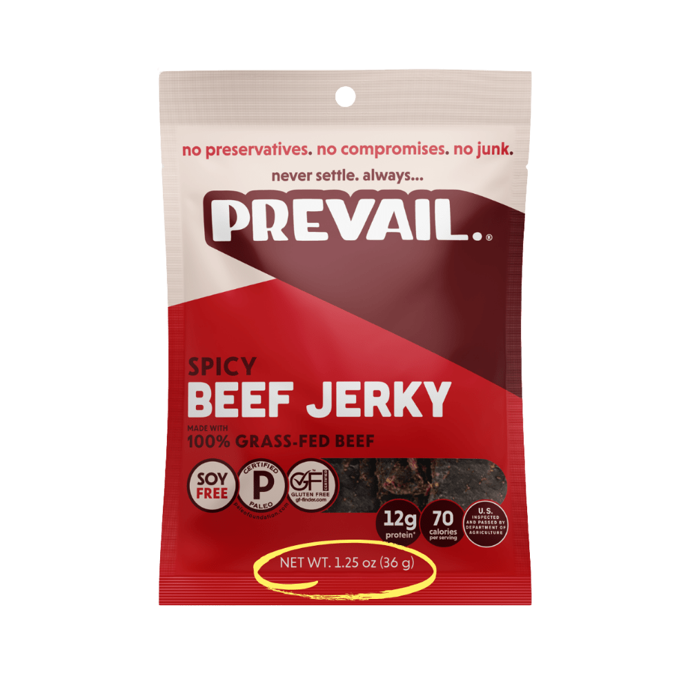Spicy beef jerky from PREVAIL Jerky, single-serve pack of 8, with seasoned, savory strips in a resealable package.