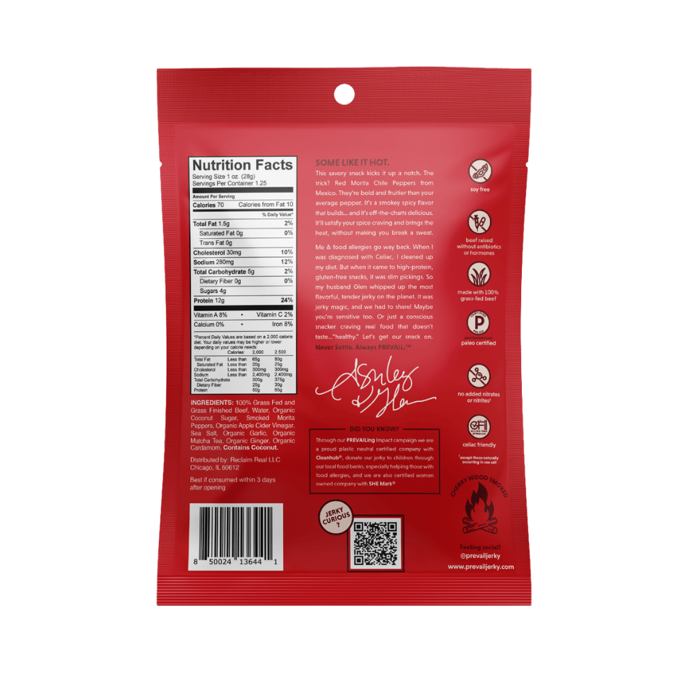 Spicy beef jerky from PREVAIL Jerky in an 8-pack, single-serve resealable bags, showcasing the flavorful beef jerky pieces.