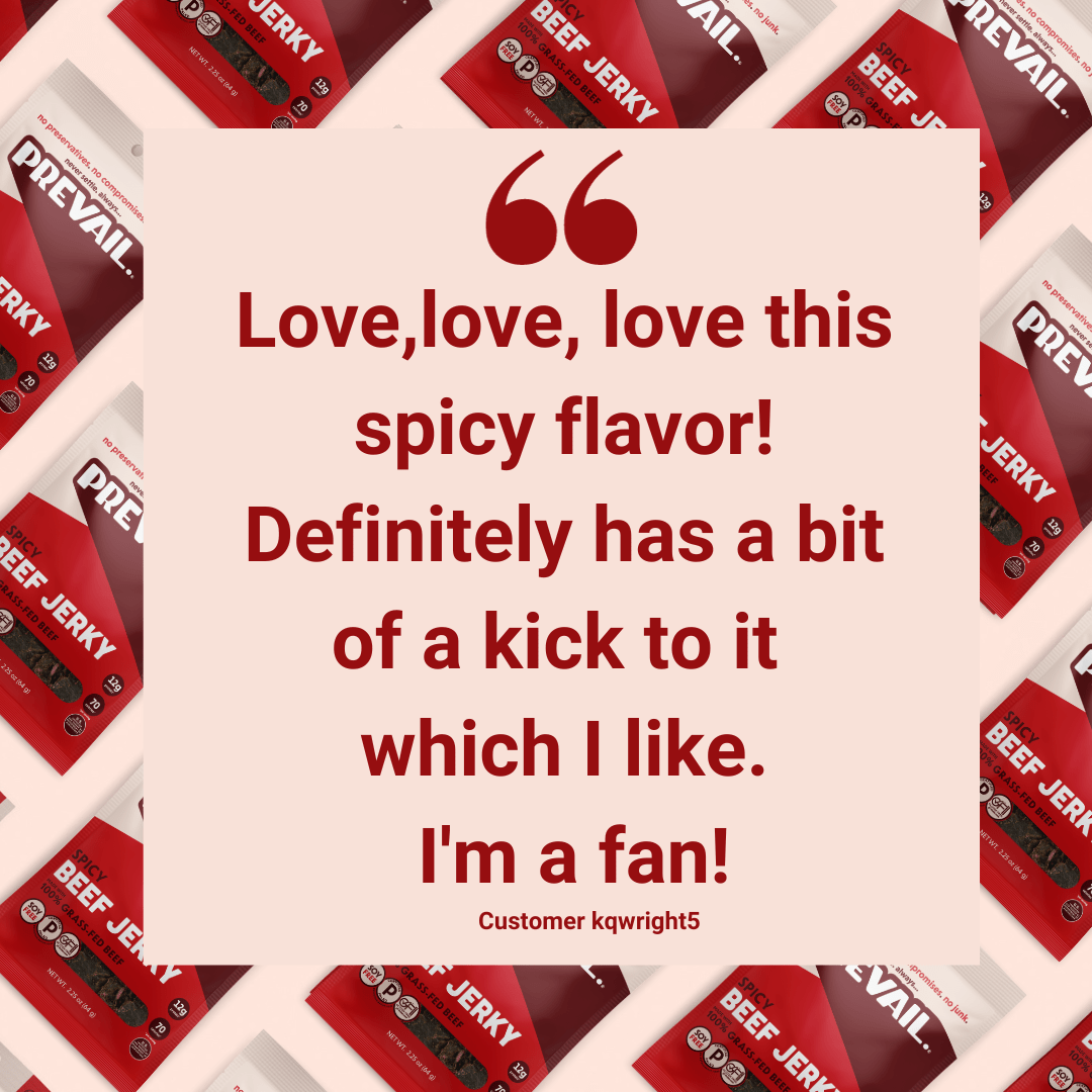 Spicy beef jerky by PREVAIL Jerky in an 8-pack, single-serve beef jerky snack with bold flavor and chewy texture.