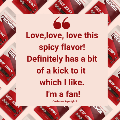 Spicy beef jerky by PREVAIL Jerky in an 8-pack, single-serve beef jerky snack with bold flavor and chewy texture.