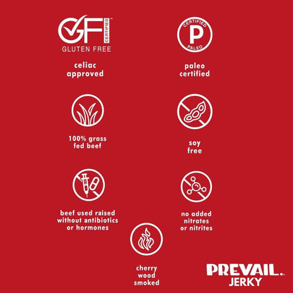 Spicy beef jerky from PREVAIL Jerky in an 8-pack of single-serving snack packs, showcasing flavorful, seasoned beef jerky pieces.