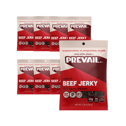 Spicy beef jerky from PREVAIL Jerky in an 8-pack, single serve, showcasing the flavorful, dried beef snack with spicy seasoning.