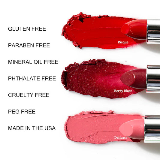 Three Red Apple Lipstick tubes in red packaging, showcasing the vibrant lipstick product from Red Apple Lipstick.