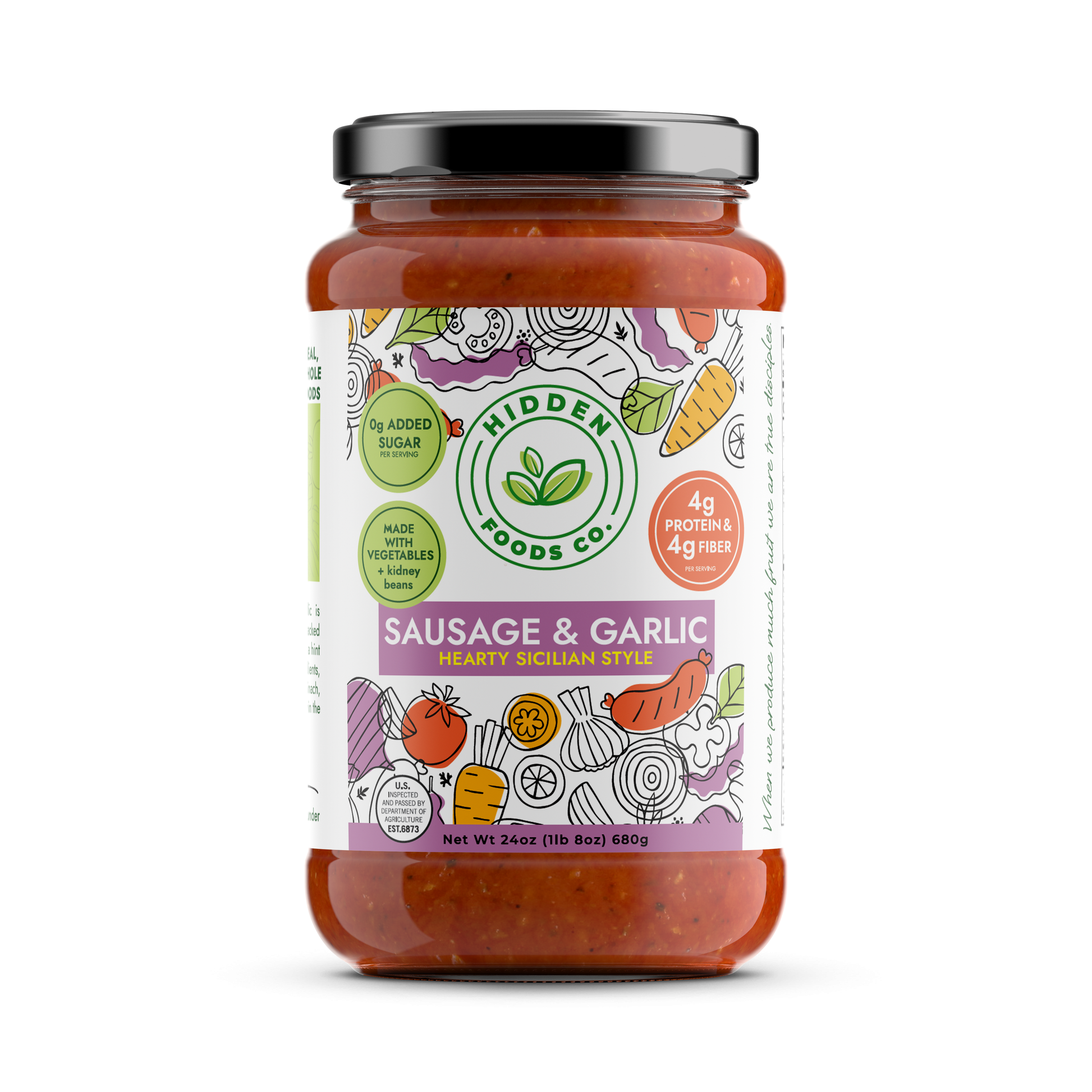Two jars of Hidden Foods Co. Sausage and Garlic Sicilian-inspired sauce with sausage and garlic visible in the image