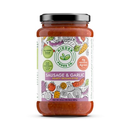 Two jars of Hidden Foods Co. Sausage and Garlic Sicilian-inspired sauce with sausage and garlic visible in the image