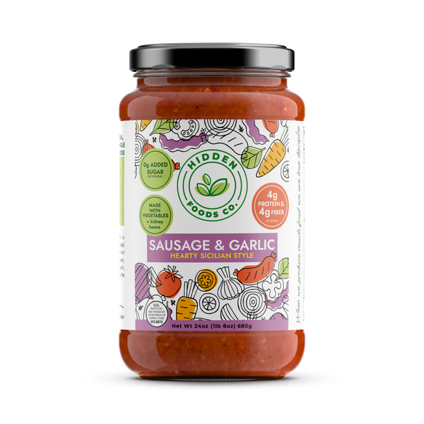 Two jars of Hidden Foods Co. Sausage and Garlic Sicilian-inspired sauce with sausage and garlic visible in the image
