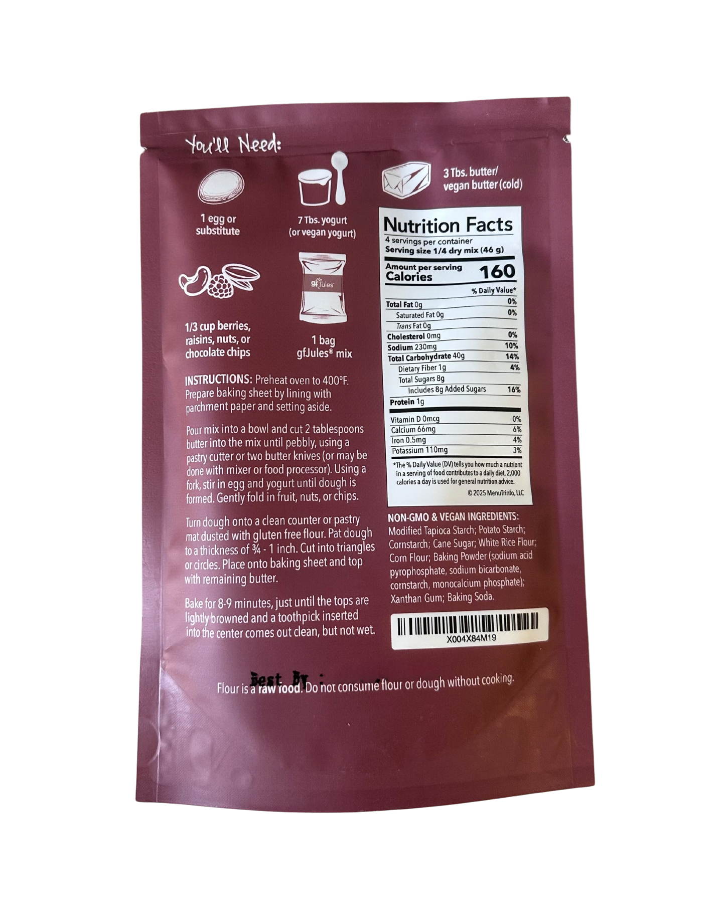 gfJules gluten-free British scones mix packet, showing ingredients and nutritional information on the back label.