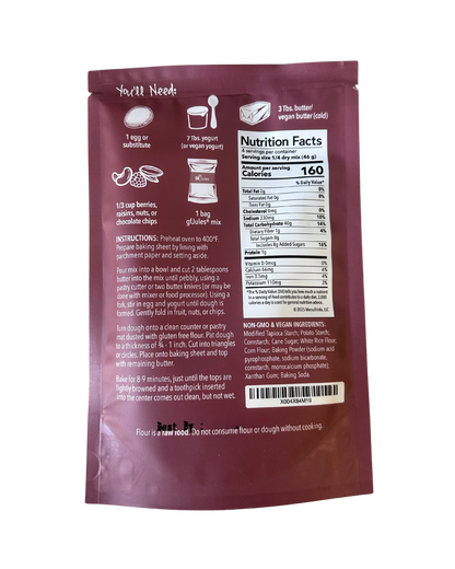 gfJules gluten-free British scones mix packet, showing ingredients and nutritional information on the back label.