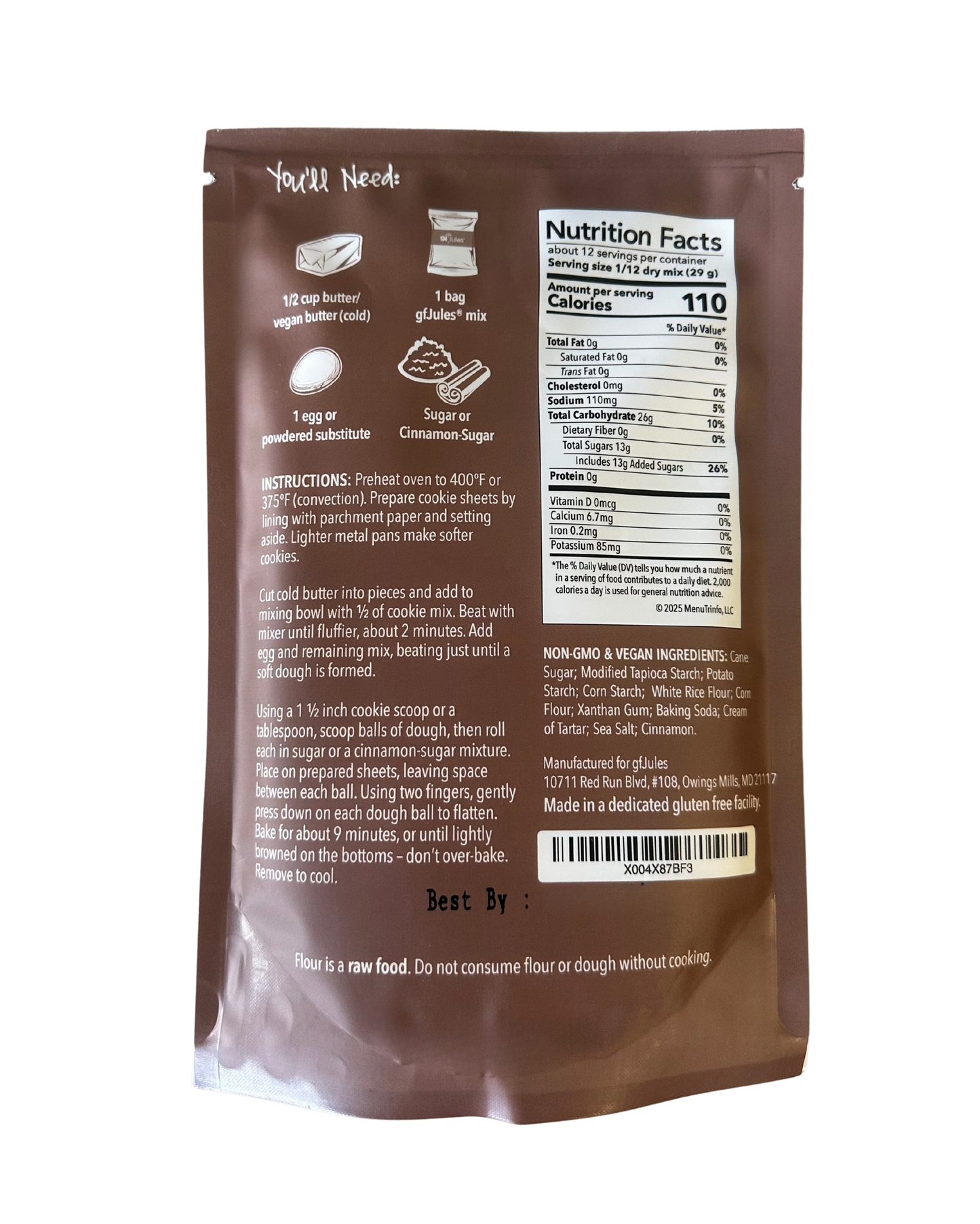 gfJules gluten-free snickerdoodle cookie mix in a bag, showing the back label with ingredients and instructions.