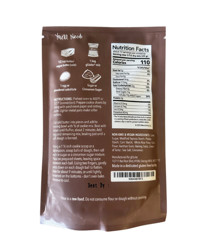 gfJules gluten-free snickerdoodle cookie mix in a bag, showing the back label with ingredients and instructions.