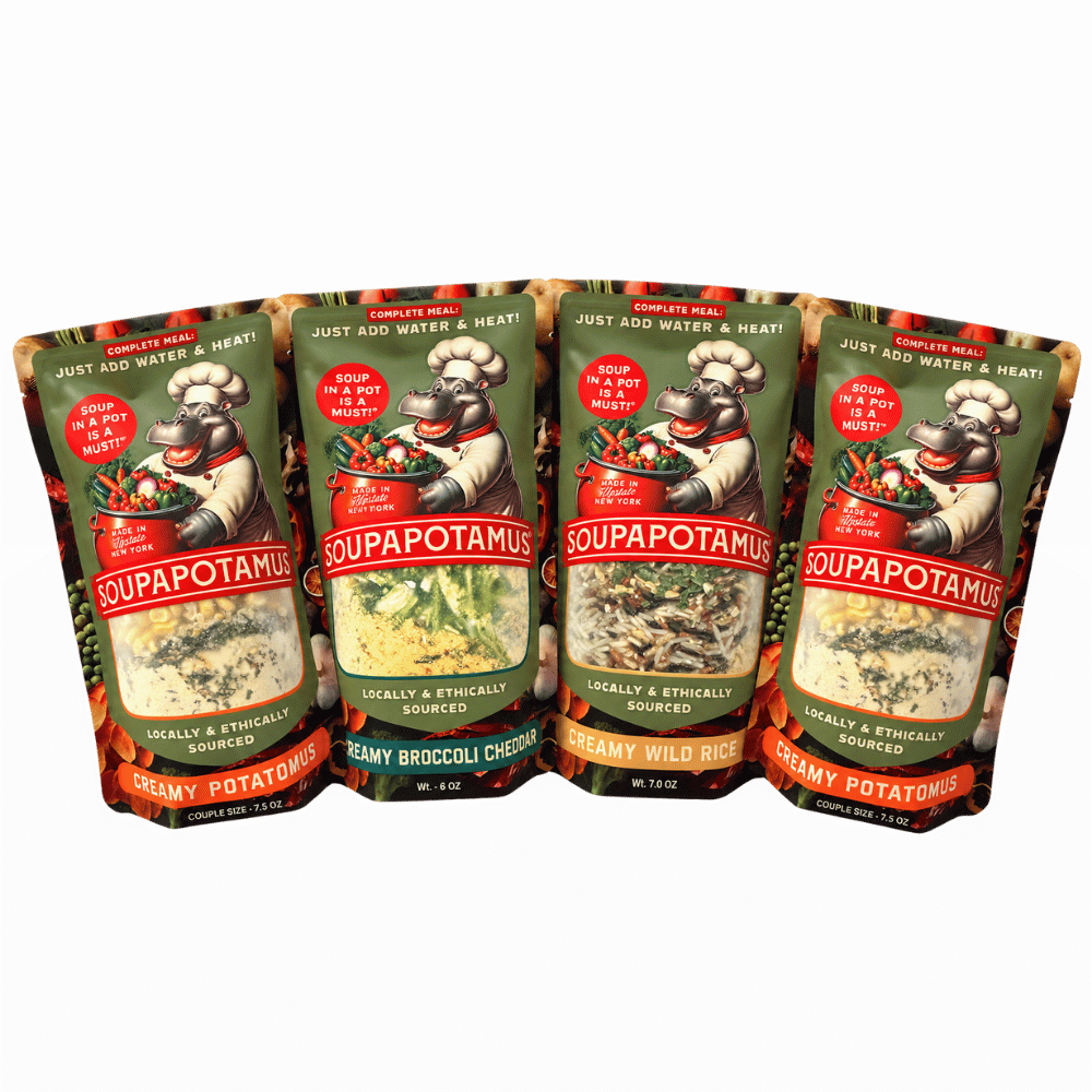 Soupapotamus creamy soup favorites bundle showing four variety soups in a colorful display, perfect for comforting meals.
