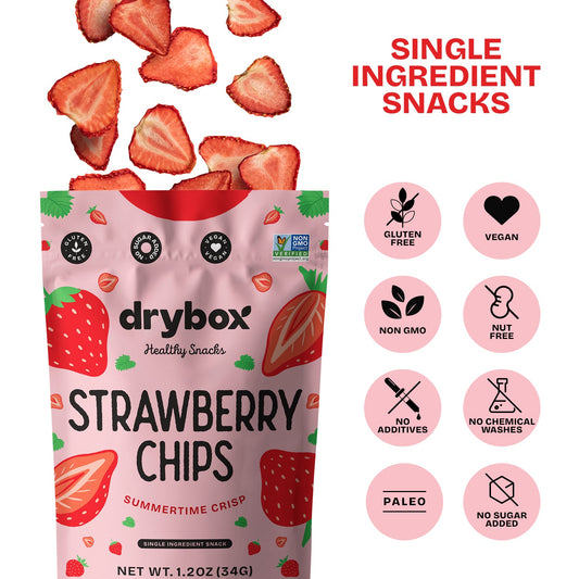 Drybox strawberry chips in resealable pack, showcasing vibrant strawberry slices and crispy texture in a 3-pack.