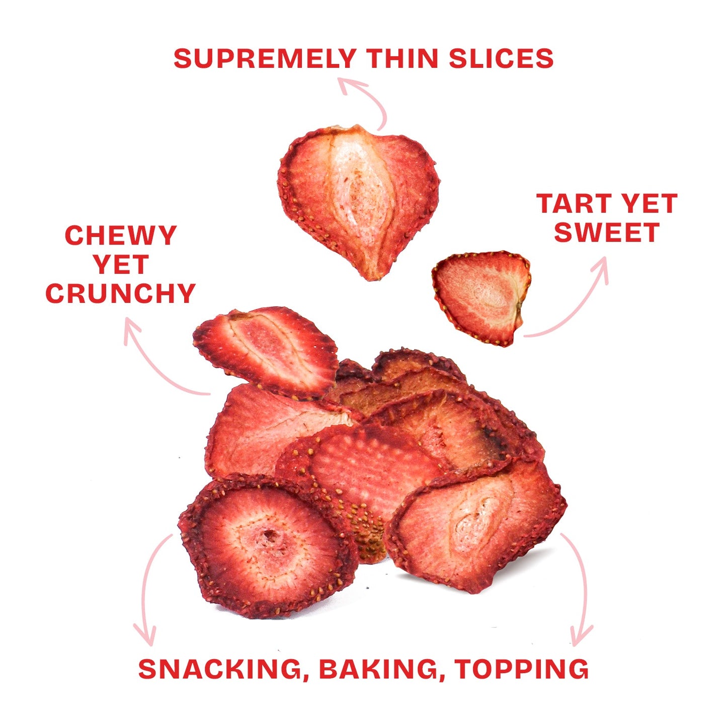 Drybox strawberry chips in resealable 3-pack, showing vibrant dried strawberry slices in clear packaging.